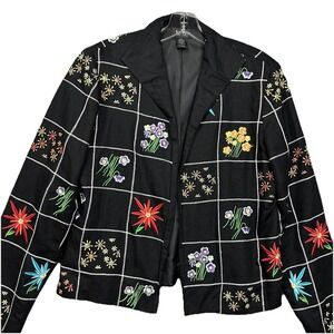 MAK New York Jacket Size 12 Black Open Front Embroidered Flowers Linen Blend